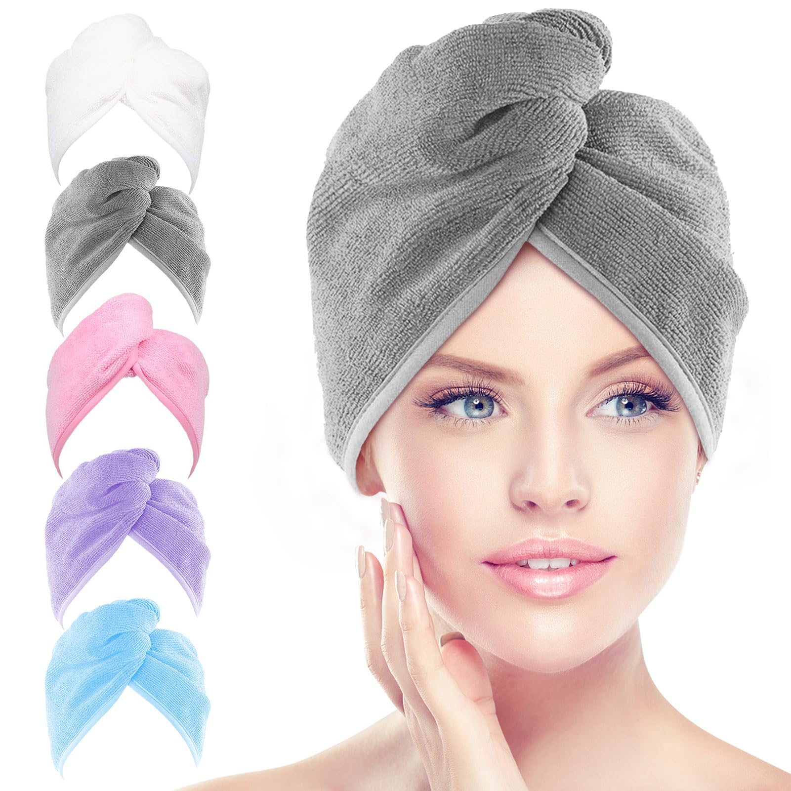 AIDEA Microfiber Hair Towel Wrap, 5 Pack Hair Turbans, Super Absorbent Quick Dry Hair Towel Wrap for All Hair Types Anti Frizz, Multicolor 26"×10"
