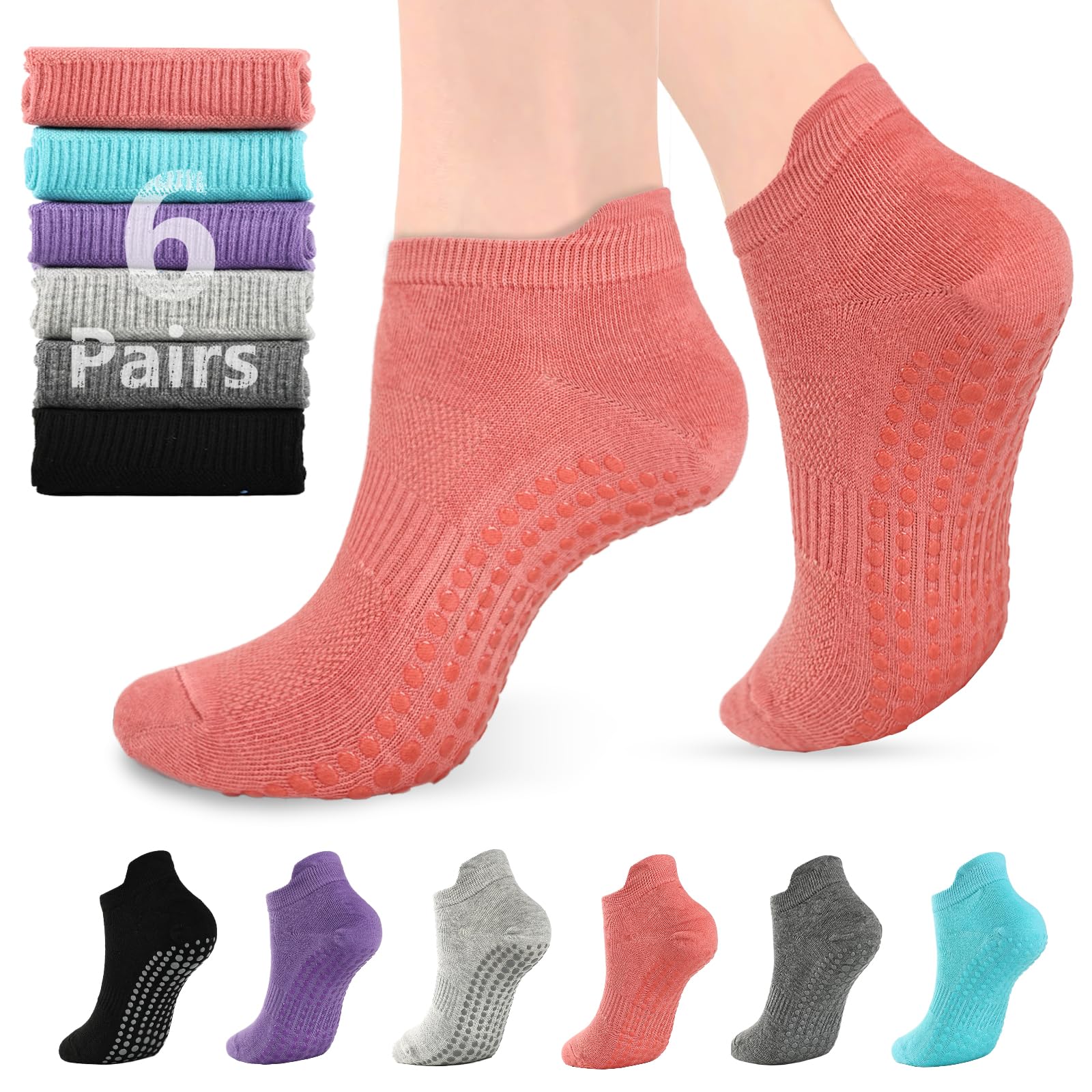 6 Pairs Pilates Socks with Grips for Women - Non-slip Grippy Gym Socks for Yoga Barre Hospital Workout Barefoot