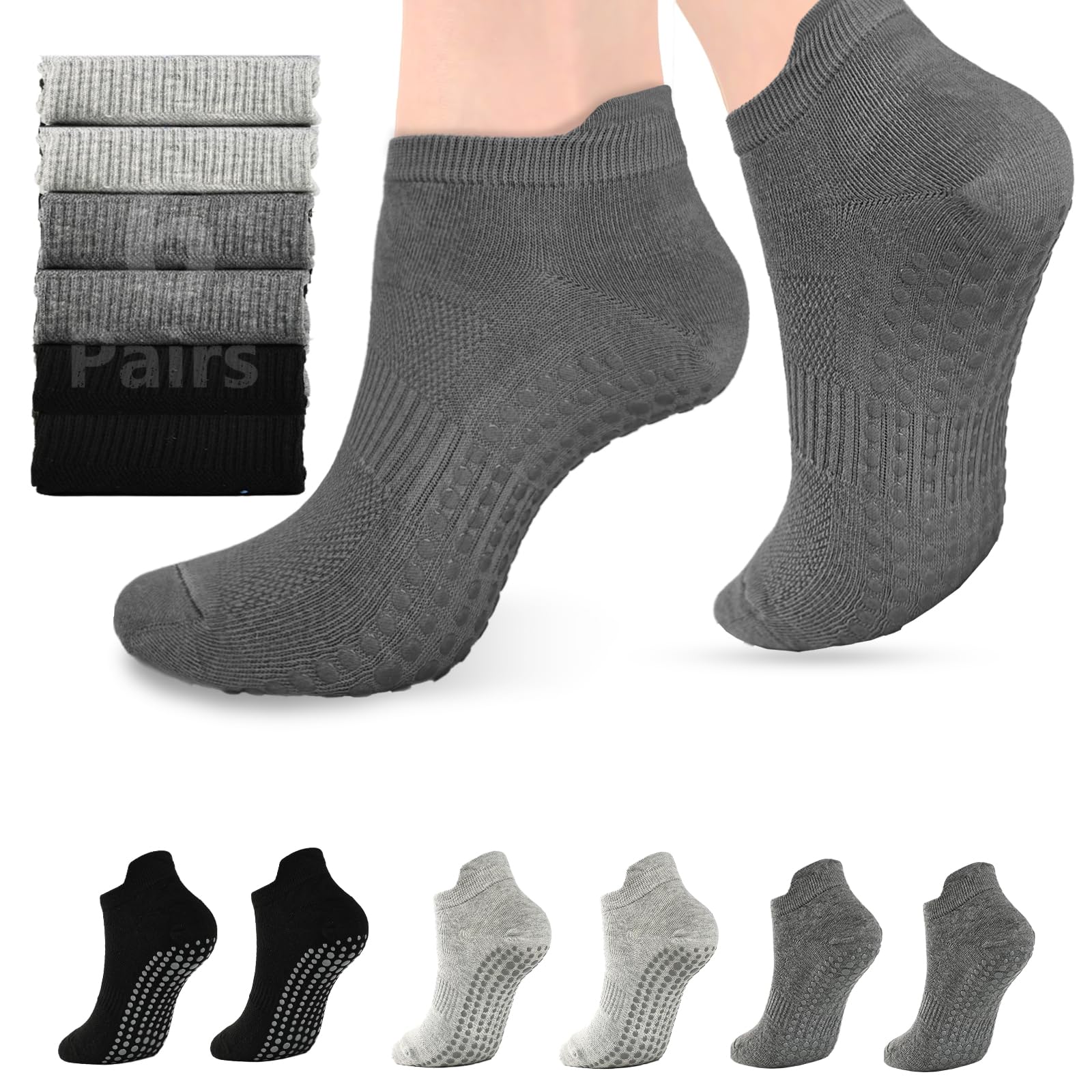 6 Pairs Pilates Socks with Grips for Women - Non-slip Grippy Gym Socks for Yoga Barre Hospital Workout Barefoot