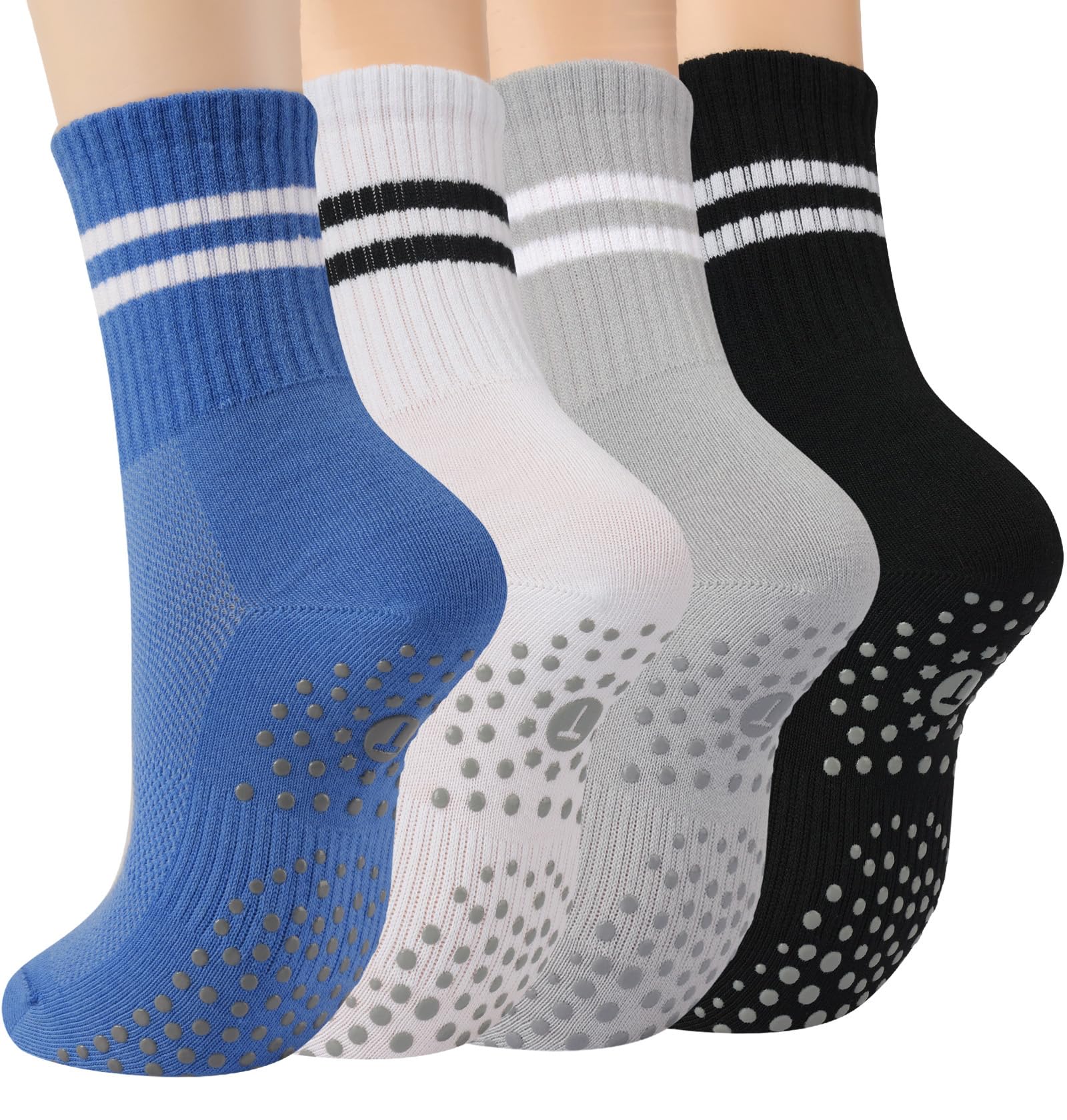 Toes Home Pilates Socks for Women with Non Slip Grippers, Yoga Crew Socks for Barre Hospital Sticky Slipper Socks 4 Pairs