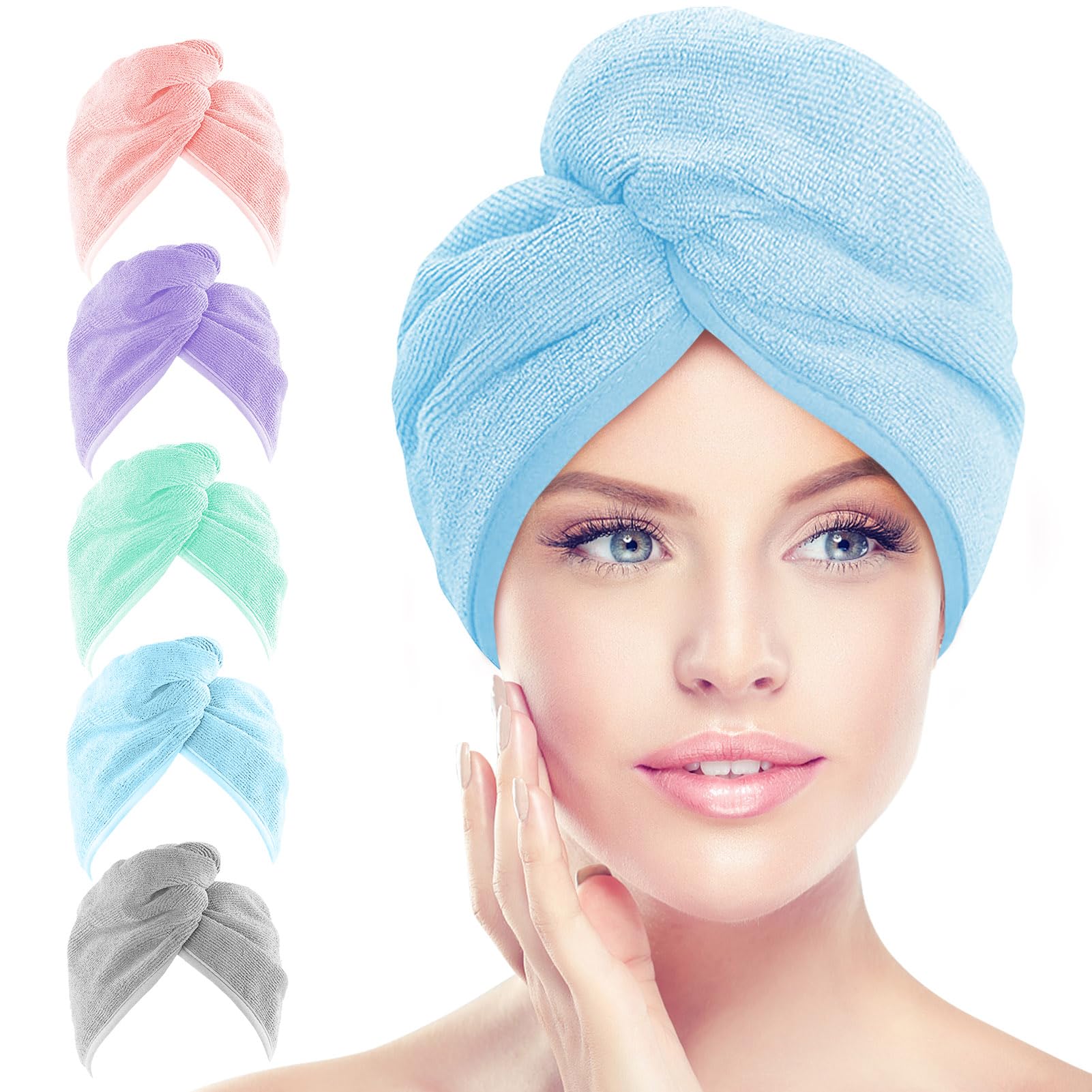AIDEA Microfiber Hair Towel Wrap, 5 Pack Hair Turbans, Super Absorbent Quick Dry Hair Towel Wrap for All Hair Types Anti Frizz, Multicolor 26"×10"