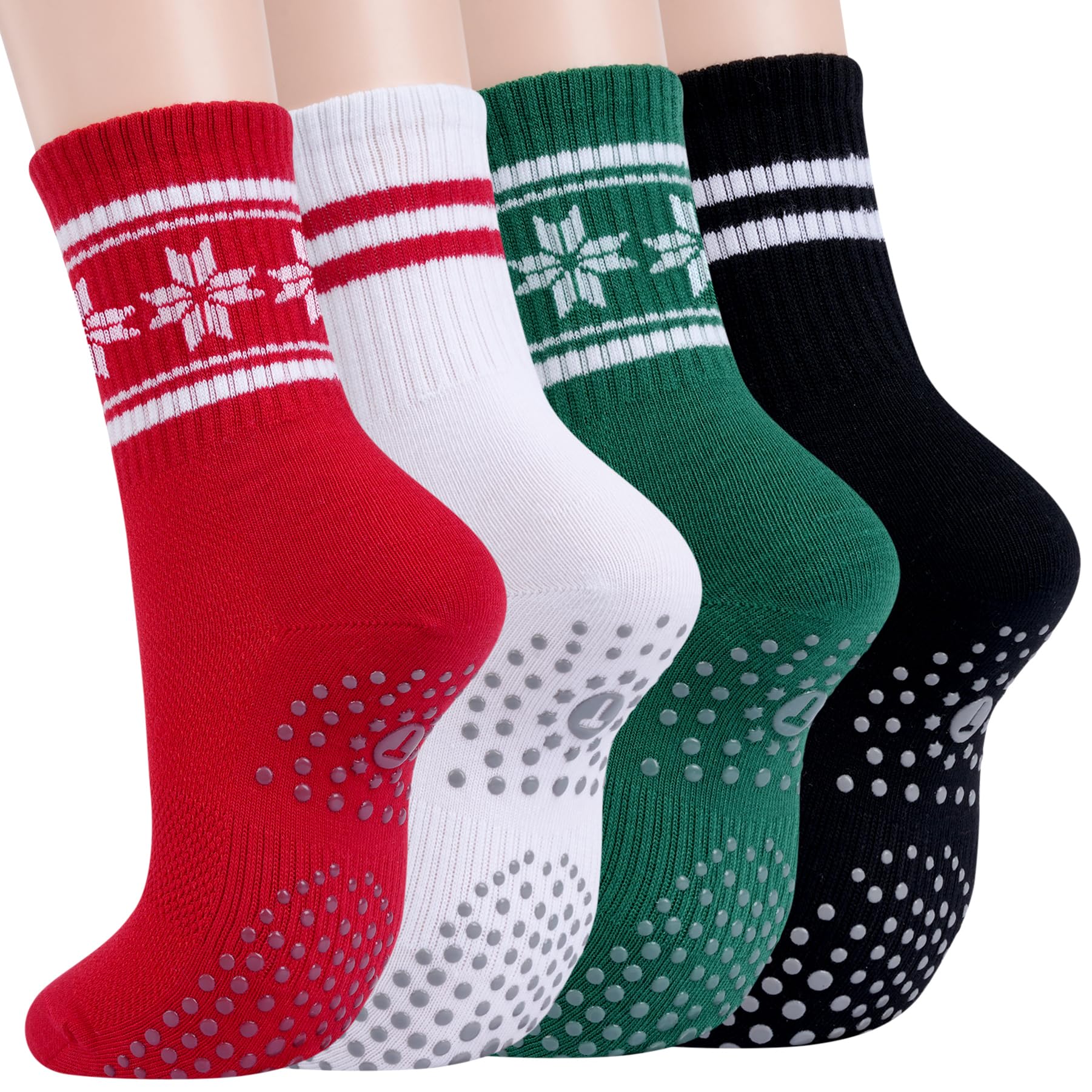 Toes Home Pilates Socks for Women with Non Slip Grippers, Yoga Crew Socks for Barre Hospital Sticky Slipper Socks 4 Pairs