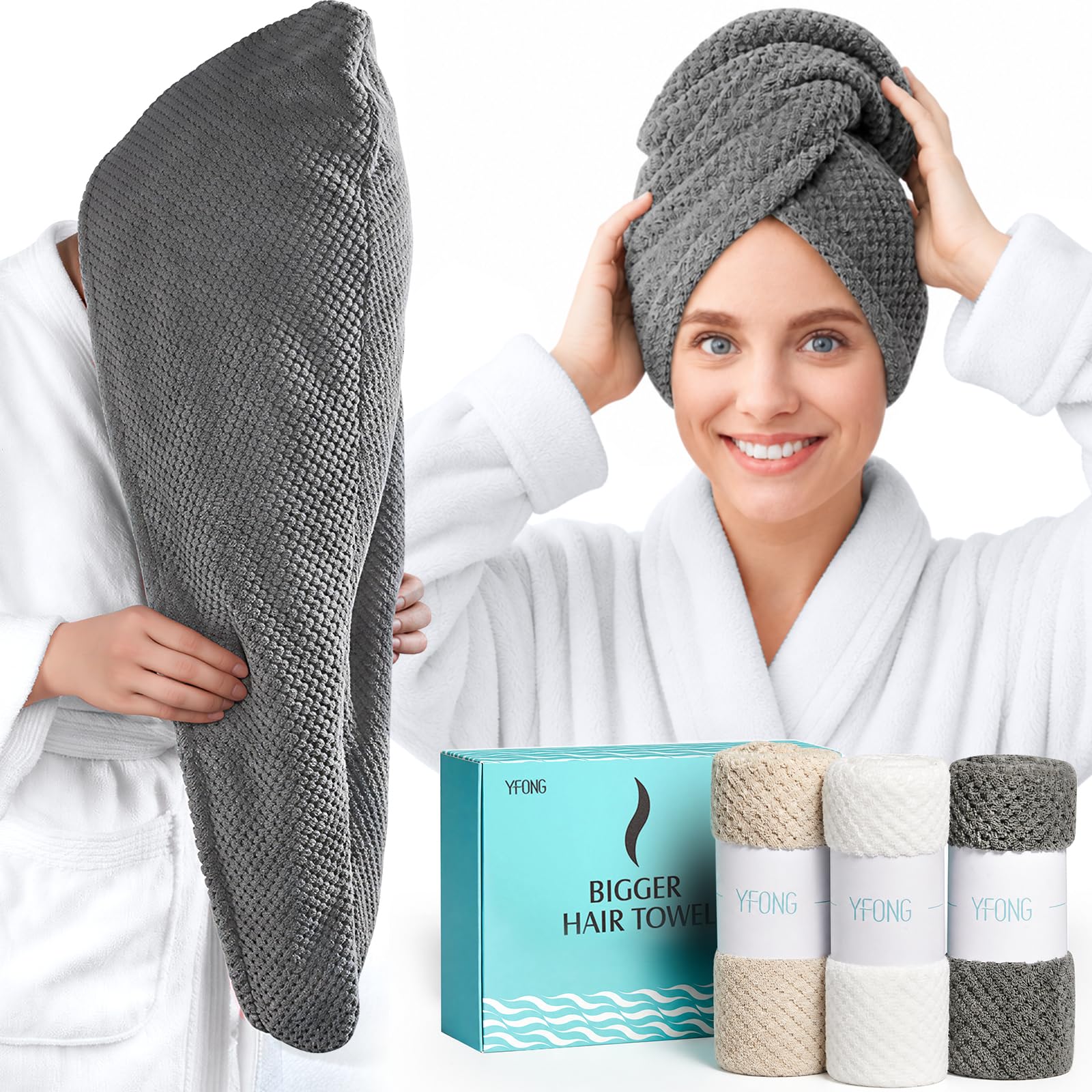 YFONG 3 Pack Large Microfiber Hair Towel Wrap, 30" x 10" Thicker Anti Frizz Quick Dry Hair Towels for Women Long, Curly, Thick Hair, Super Absorbent Hair Turban for Wet Hair (Grey, Pink, Blue)