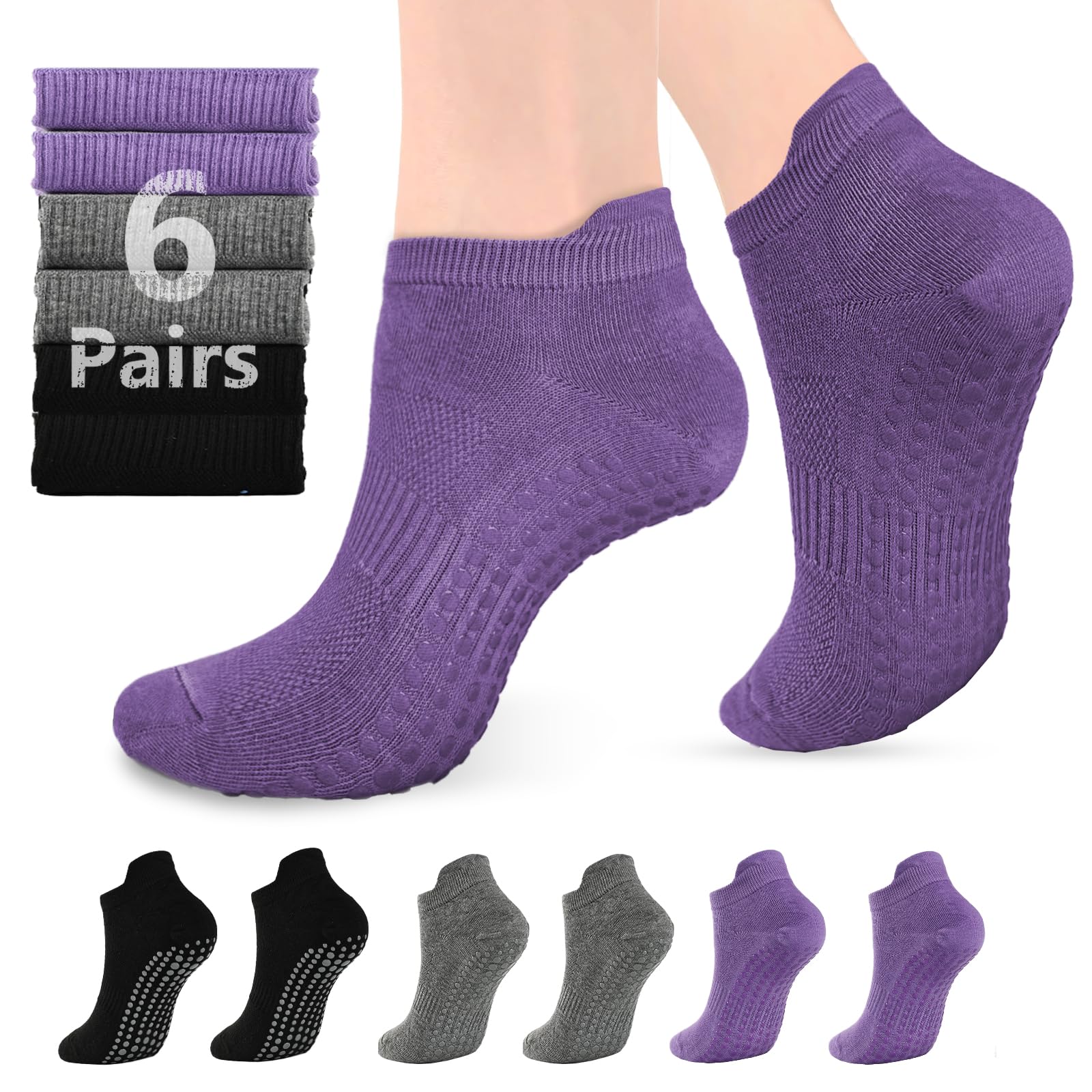 6 Pairs Pilates Socks with Grips for Women - Non-slip Grippy Gym Socks for Yoga Barre Hospital Workout Barefoot