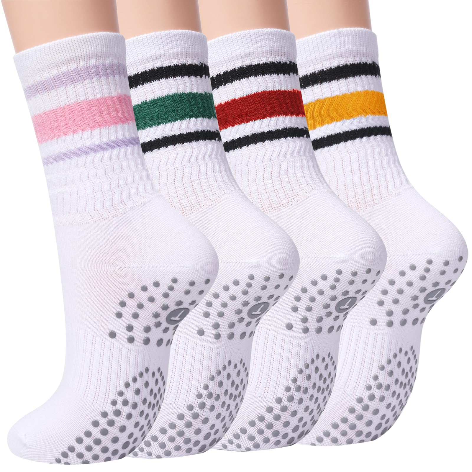 Toes Home Pilates Socks for Women with Non Slip Grippers, Yoga Crew Socks for Barre Hospital Sticky Slipper Socks 4 Pairs
