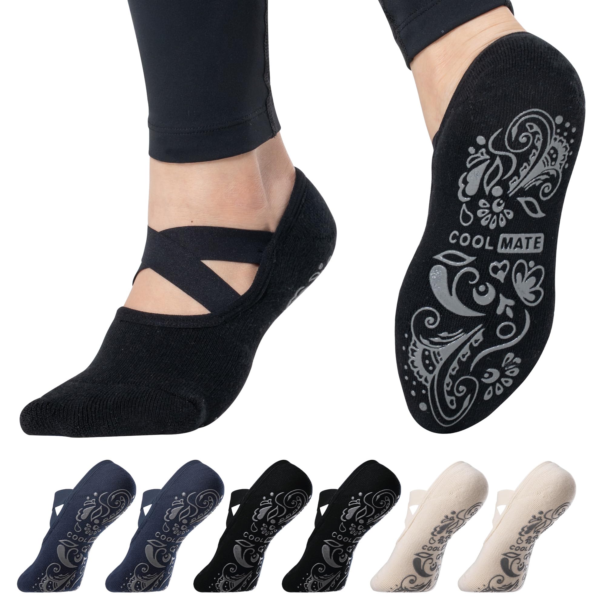 COOLMATE Pilates Socks with Grips for Women, Yoga Socks, Crew Non Slip Women for Barre, Pilates Gifts for Women
