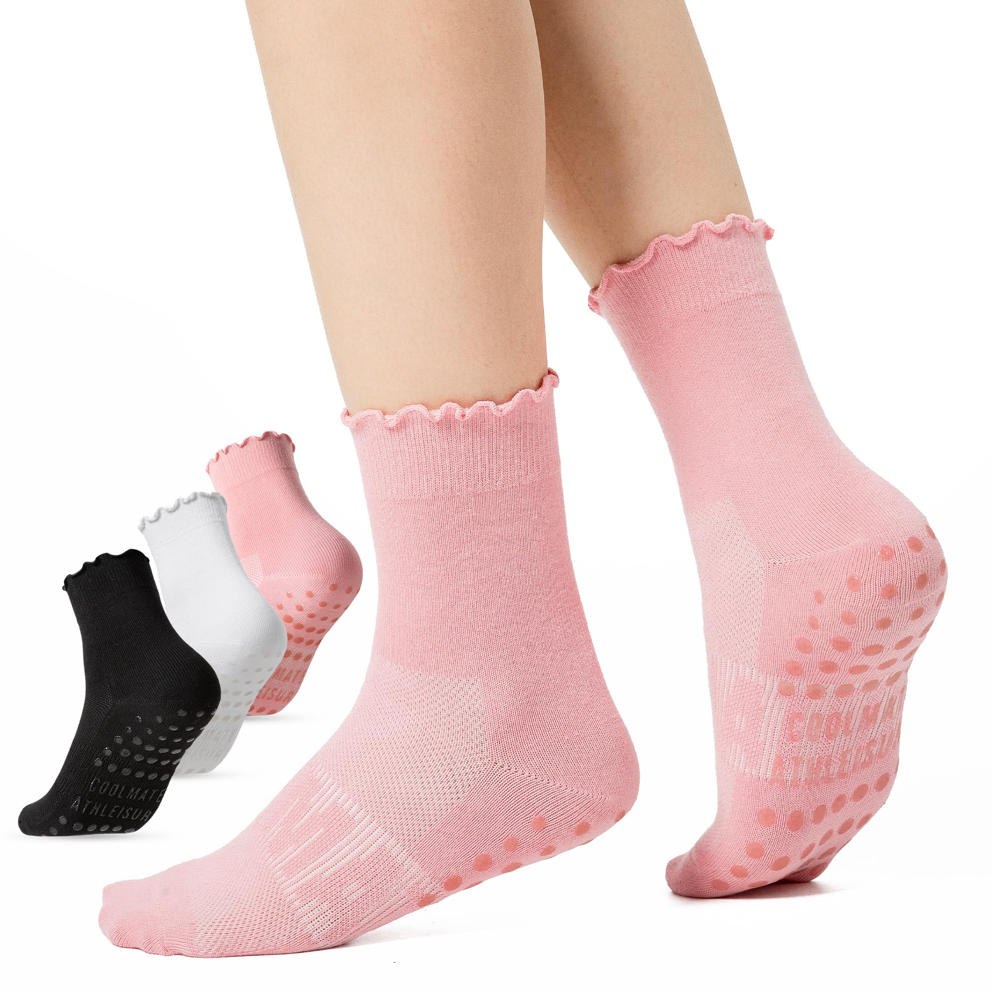 COOLMATE Pilates Socks with Grips for Women, Yoga Socks, Crew Non Slip Women for Barre, Pilates Gifts for Women