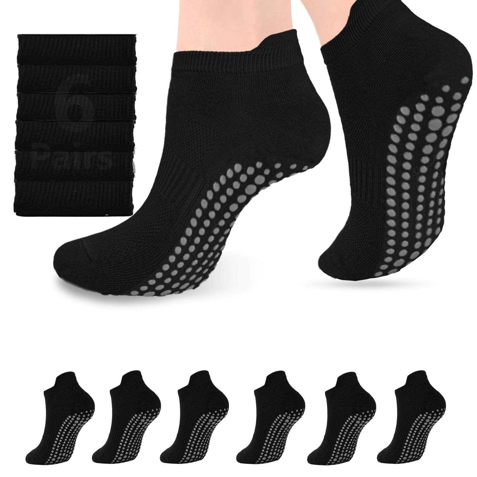 6 Pairs Pilates Socks with Grips for Women - Non-slip Grippy Gym Socks for Yoga Barre Hospital Workout Barefoot